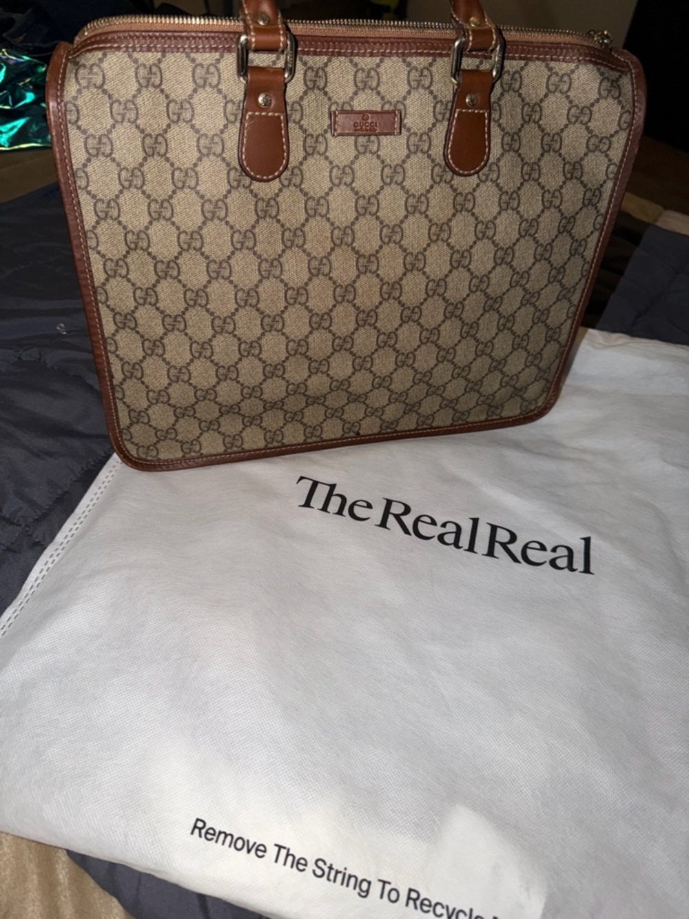 Gucci Beige Monogram Canvas Briefcase with Brown Leather Trim